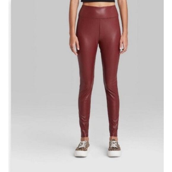 Wild Fable Burgundy Faux Leather High-Waist Leggings – Bodycon, Wide Waistband - Picture 1 of 6